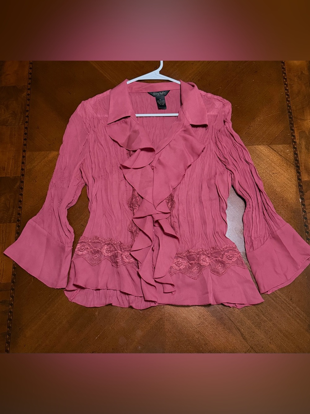 Sunny Taylor petite Rose-Pink Ruffle Front Lace-Trim Blouse